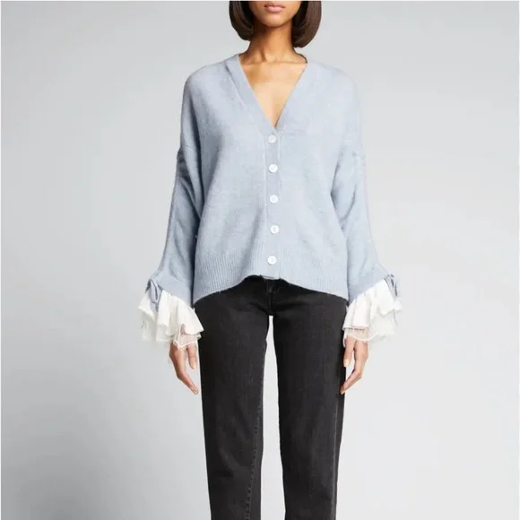 Cinq à Sept Atlas Wool Ruffle-Cuff Cardigan Light Blue Size Medium SEE DETAILS - Picture 2 of 15